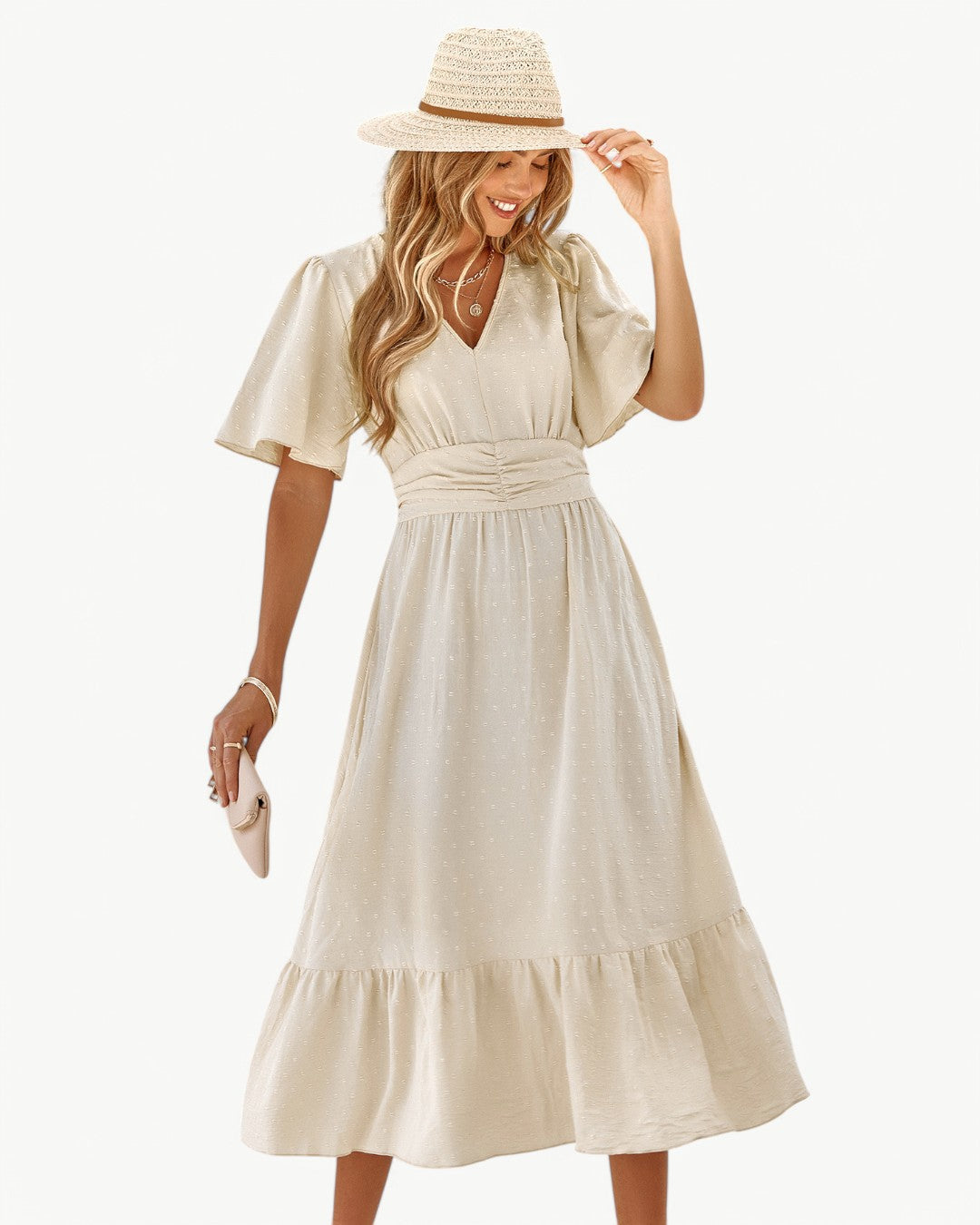 KLARISSE | ELEGANT FLÖDANDE SOMMAR V-HALS KLÄNNING