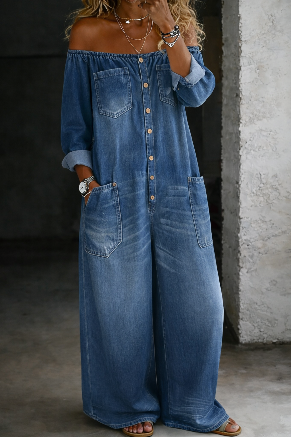Elena™ | Off-shoulder-overall med långa ärmar