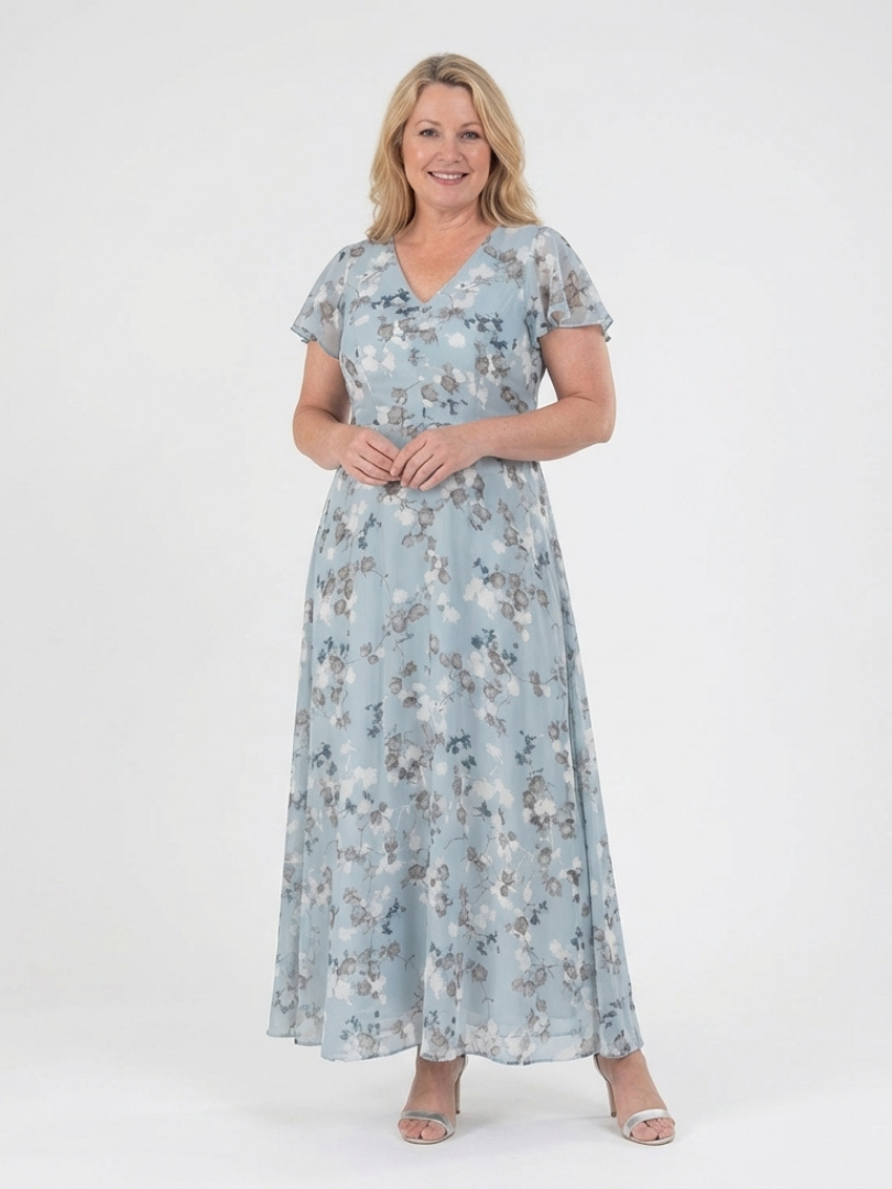 Stina | Blommig Chiffon Maxiklänning Himmelblå