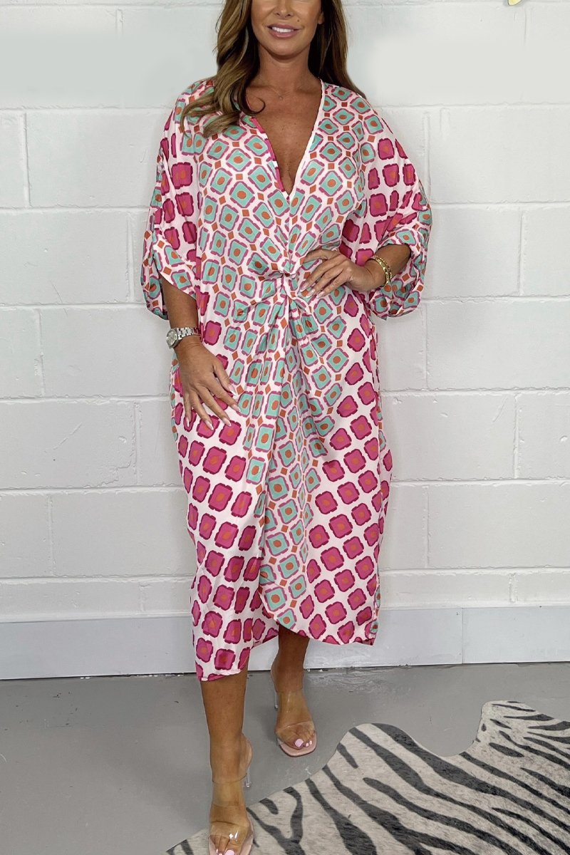 Babette | Boho V-ringad Geometrisk Mönstrad Klänning